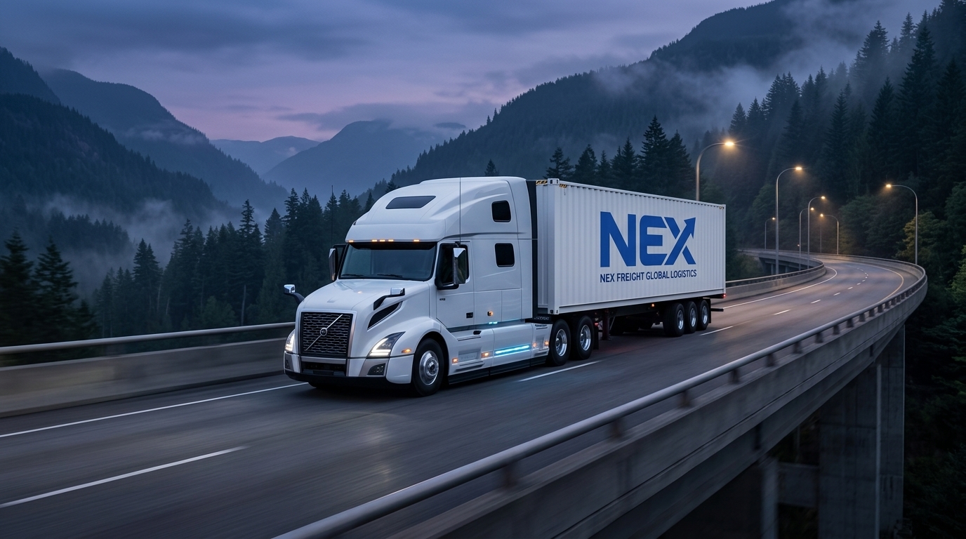Freight transport truck driving on scenic highway bridge