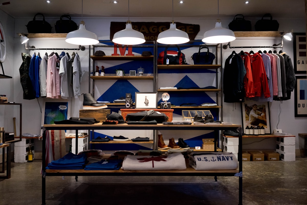 Modern retail store interior with shelves of products